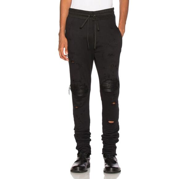 AMIRI Sweatpants XL Black MX1 Distressed Leather-Knee-Pads-Motorbike Zip-Sides - Picture 1 of 12